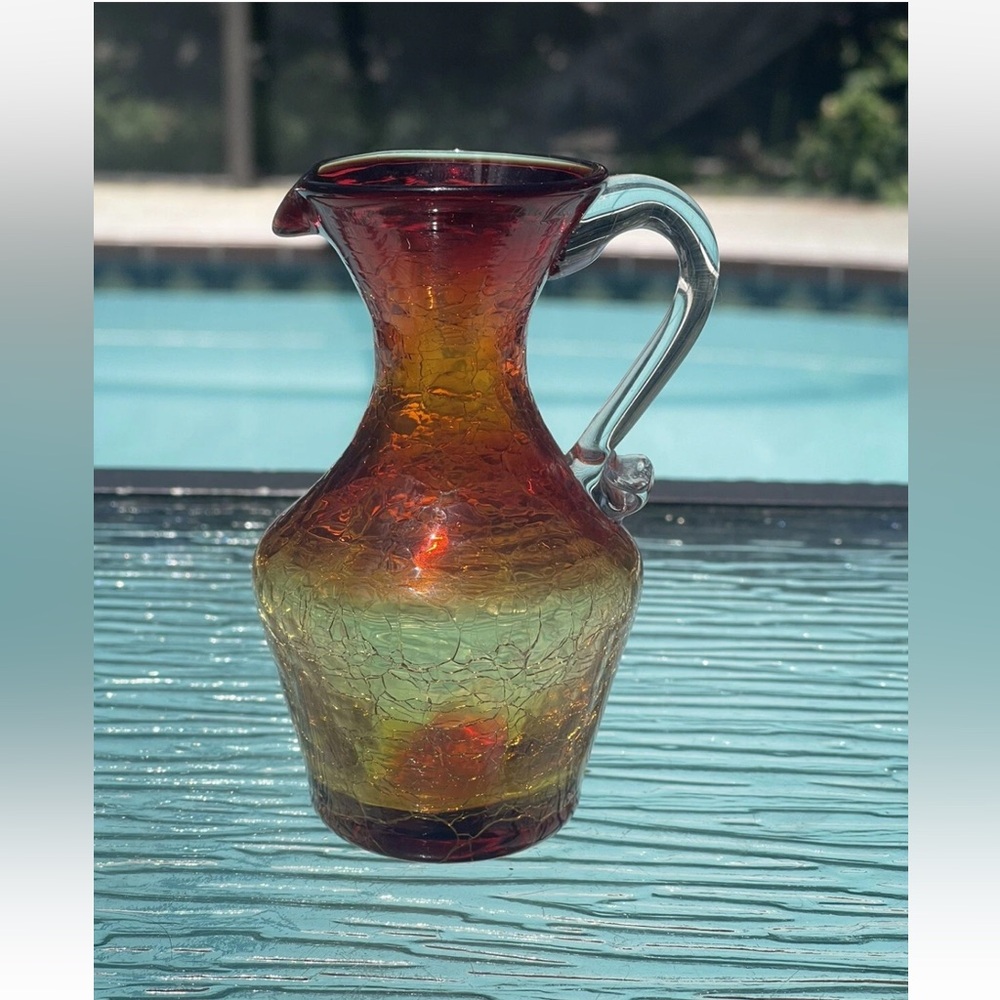 Vintage‎ Rainbow Art Glass Co Amberina Crackle Glass Pitcher Jug small Decor